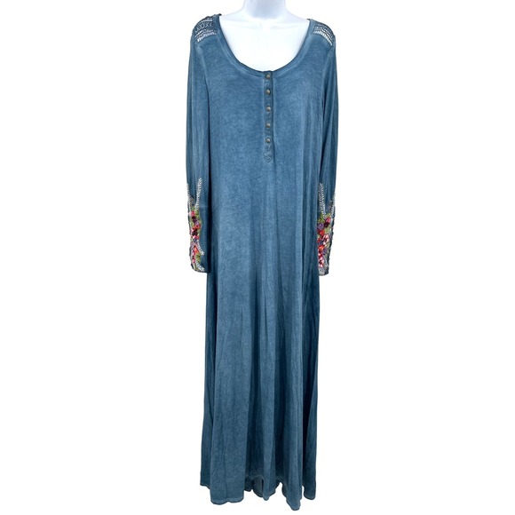 Soft Surroundings Ava Henley Maxi Dress Embroidered Sleeves Boho Resort Size M - Picture 2 of 11
